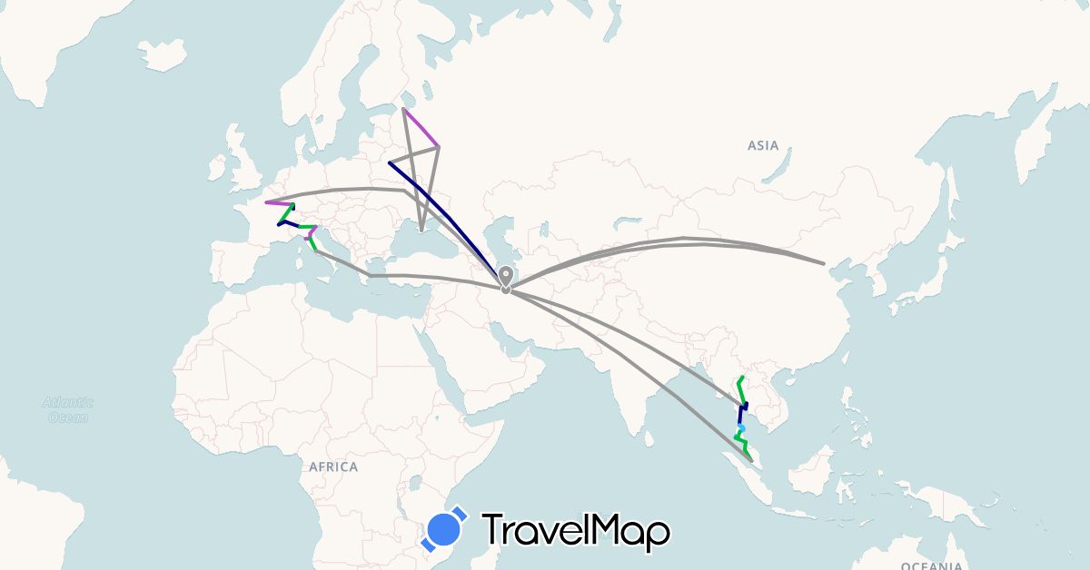 TravelMap itinerary: driving, bus, plane, train, boat in Belarus, Switzerland, China, Germany, France, Greece, Iran, Italy, Malaysia, Russia, Thailand, Ukraine (Asia, Europe)